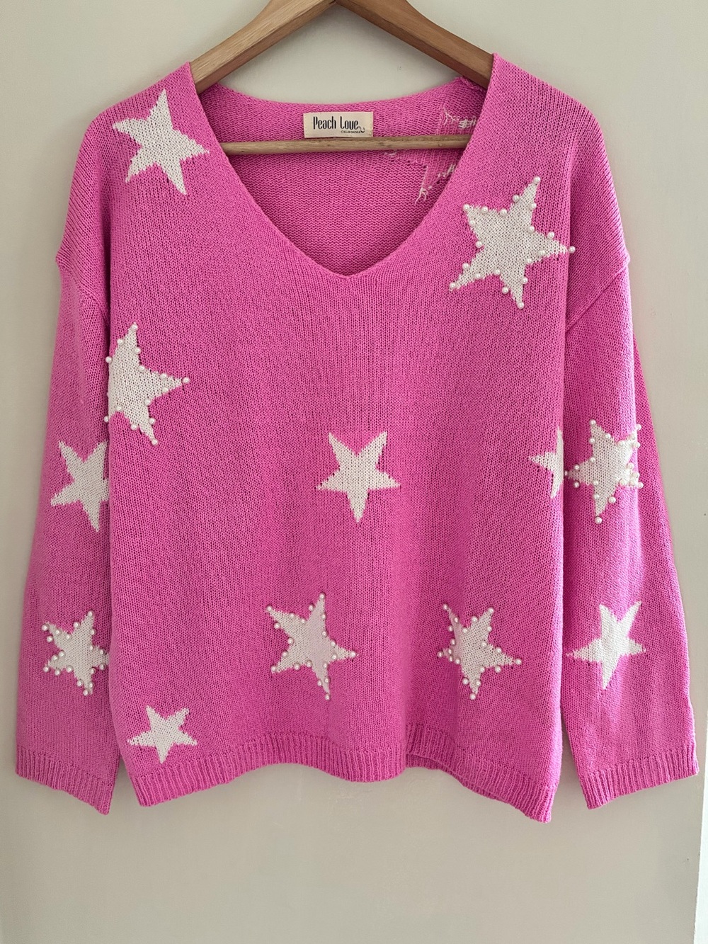 Peach Love California Celestial Pink Star Pearl Embellished Knit Sweater Small
